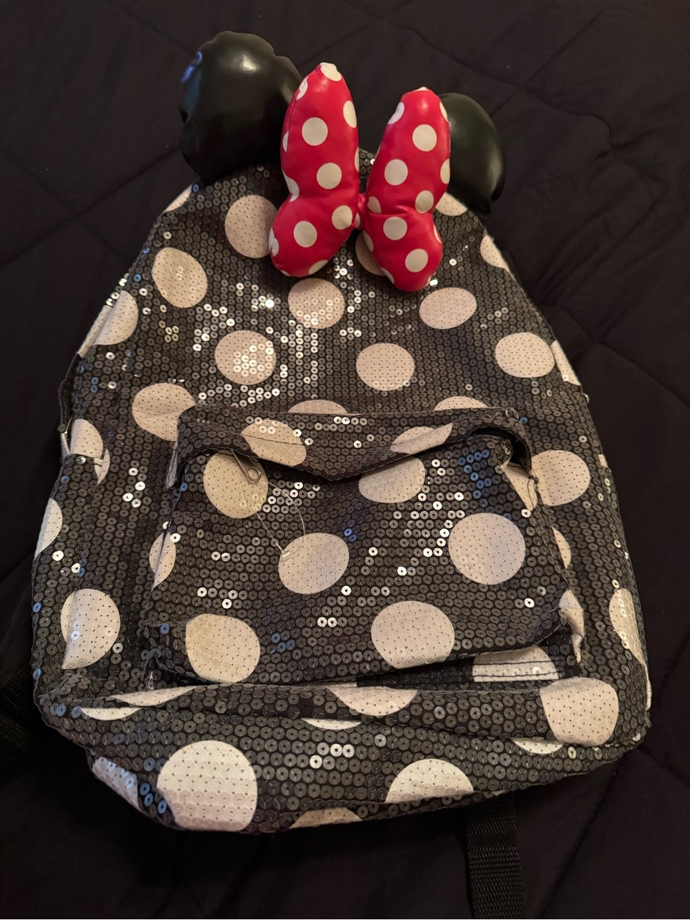 Brand New Disney  Polka Dot Sequined Backpack with Red Bow